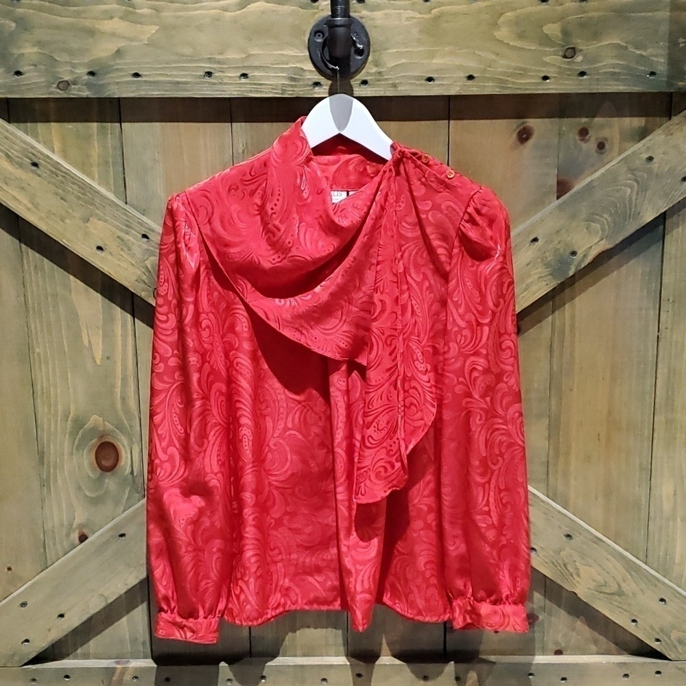 VINTAGE LONG SLEEVE RED BLOUSE TOP SIZE 10 RETRO